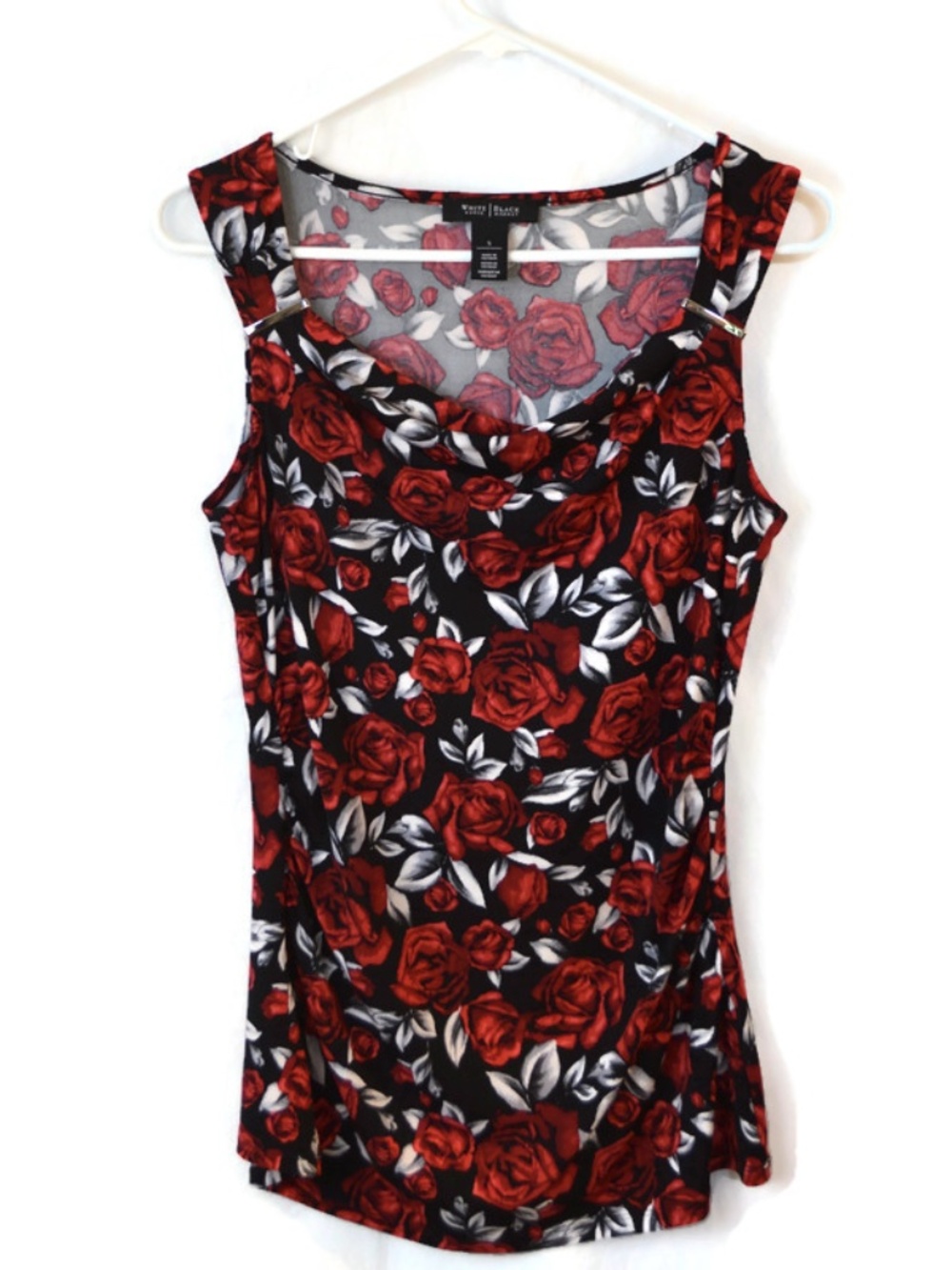 WHITE HOUSE BLACK MARKET Sleeveless Red Rose Floral and Black Top Size Small